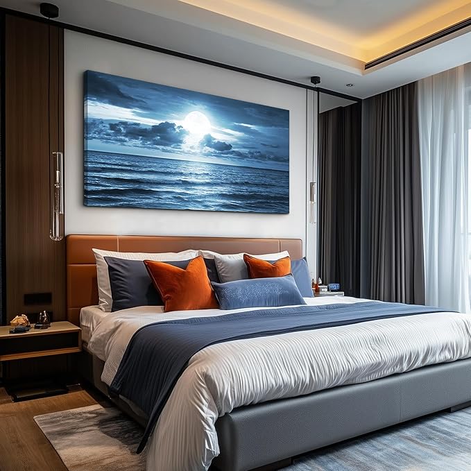 wall art for living room Decorations Photo Prints - blue sea view The moon Landscape - Modern Home Decor The room Stretched and Framed Ready to Hang artwork (Blue Ocean&Moon, 30x 60inch x 1pcs)
