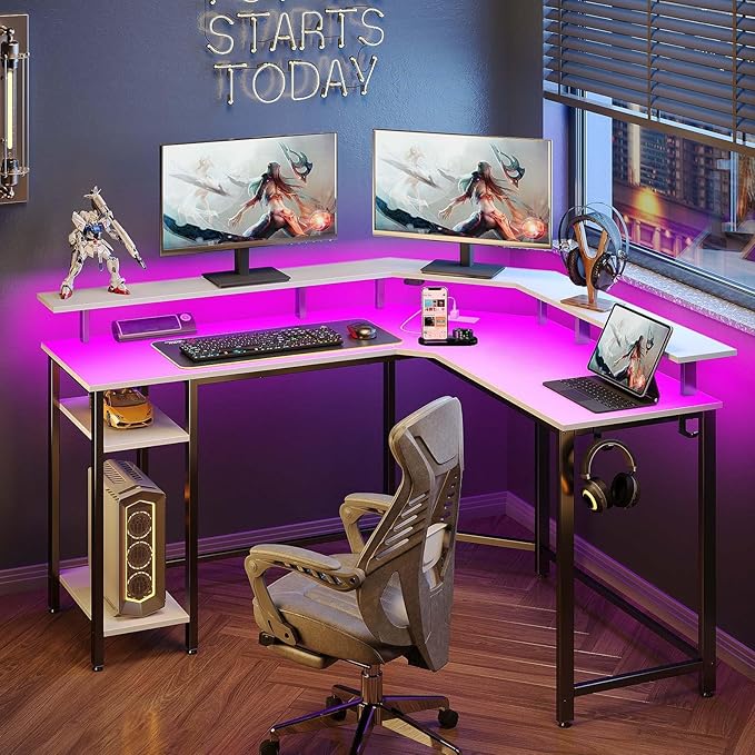 Rolanstar L Shaped Gaming Desk with LED Lights & Power Outlets, 46.2" Computer Desk with Full Monitor Stand & Storage Shelf, Corner Desk with Hooks, White Desk Reversible