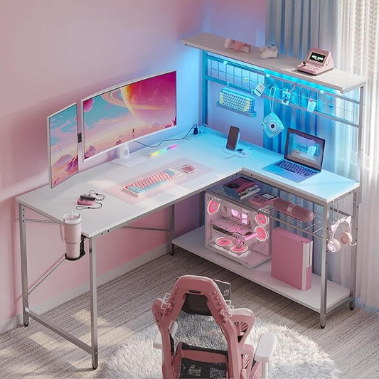 Bestier Gaming Desk 51" L-Shaped, with Power Outlets & LED Lights- 4 Tier Shelves, Reversible Gamer Table with Hooks & Cup Holder for Home Office,Carbon Fiber White