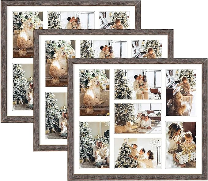 Golden State Art, Set of 3, 13.7x15.7 Distressed Brown Wood Collage Frame - White Mat - Displays Seven 4x6 Photos - Real Glass, Sawtooth Hanger, Swivel Tabs - Wall Mounting, Landscape, Portrait