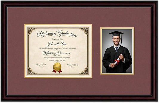Diploma Frame With Photo Opening Executive Brown Dark Red Over Gold Mat - Fits 10 x 8 Degree and Picture Made in the USA