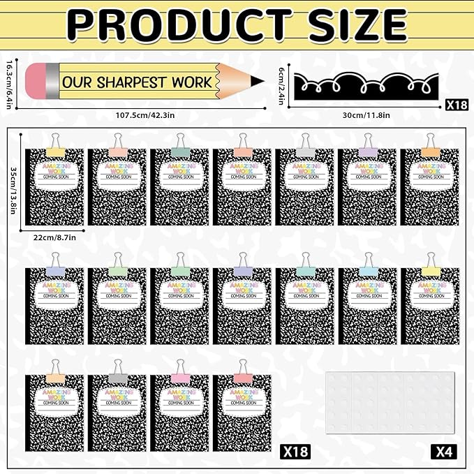 Student Work Display Bulletin Board Set Composition Notebook Classroom Decoration Inspirational Our Sharpest Work Pencil Cutouts for Back to School Classroom Chalkboard Wall Decor Teacher Supplies