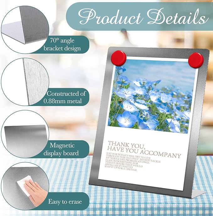 Fainne Silver 2 Pcs Magnetic Bulletin Board with Easel Stand 11 x 8.5 x 2.4 Inches Mini Magnet Metal Tabletop Memo Display Board for Back to School Menu Table Office Supplies