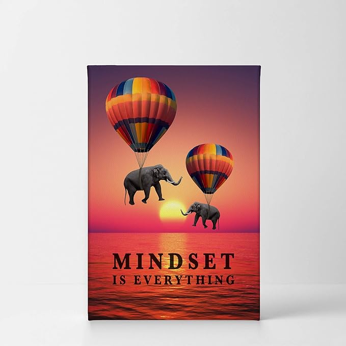 Smile Art Design Mindset is Everything Elephant with Balloon Sunset View Motivational Wall Art Canvas Print Inspirational Entrepreneur Quote Modern Office Decor Artwork Gift Ready to Hang 12x8