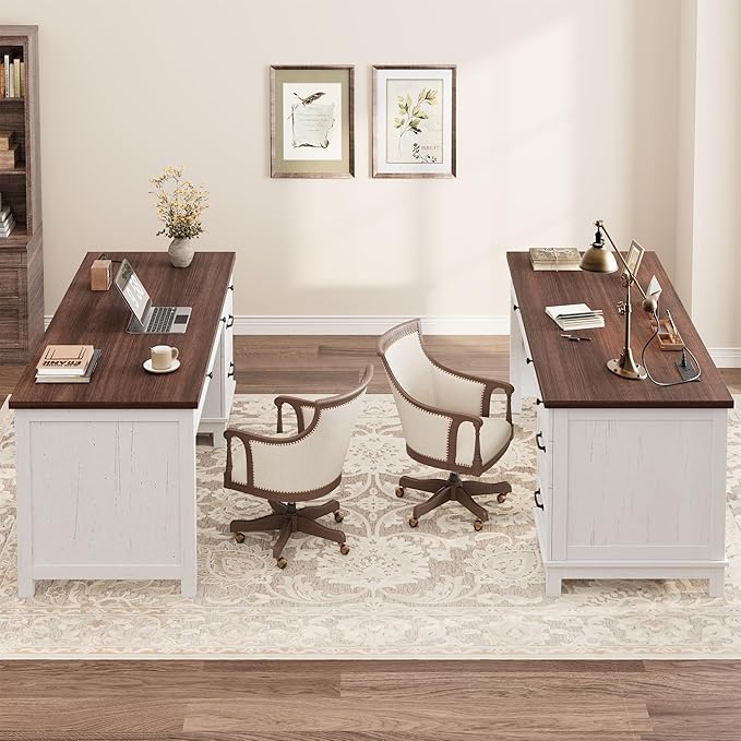GarveeHome Executive Desk with Drawers, Farmhouse Home Office Desk with Charging Station, 53.54 in Wooden Computer Desk with File Cabinet Storage for Work Study Writing,White Walunt