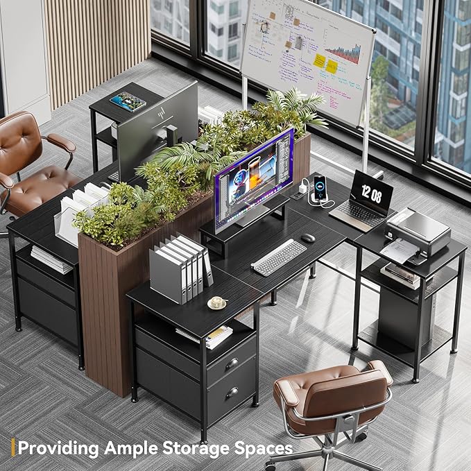 Furologee L Shaped Gaming Desk with Power Outlet, Corner Computer Desk for Home Office, Reversible 50 Inch Work Study Table with File Drawer, Monitor Stand, Storage Shelves, Black