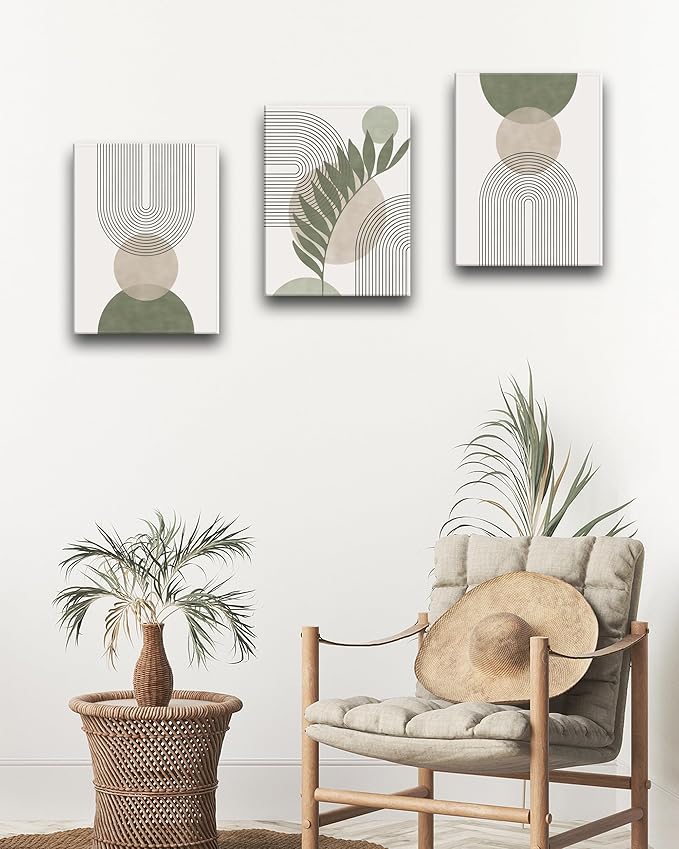 30x40CM Sage Green Boho Wall Art,Framed Canvas Bathroom Wall Art Pictures, Mid-Century Modern Wood Framed Abstract Prints for Bedroom,Minimalist Office Wall Decor 3Pack