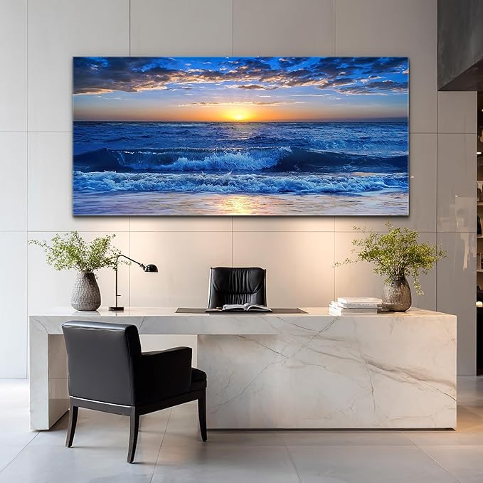 Canvas wall art for living room Blue Ocean Sea sun landscape painting bathroom Wall Decor Ready to Hang for Home Decorations office family bedroom kitchen Works canvas Prints pictures 30" x 60"inch