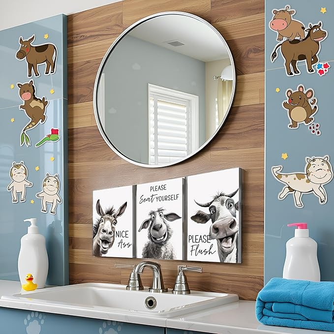 YOUHONG Funny Bathroom Wall Art Farmhouse Decor Cow Pictures with Wooden Frame - Waterproof Canvas Prints 16x24 Inch 3 Piece Funny Art for Bathroom Wall Decor