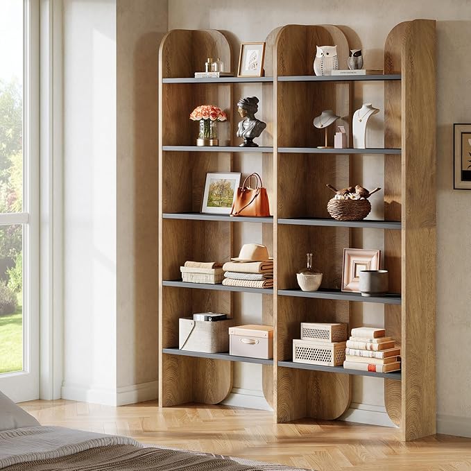 Tribesigns 5-Tier Farmhouse Bookshelf, 70.87-Inch Tall Double Wide Bookcase with Open Shelves, Vintage Floor Standing Book Shelf for Bedroom, Home Office (2, Brown+Black)
