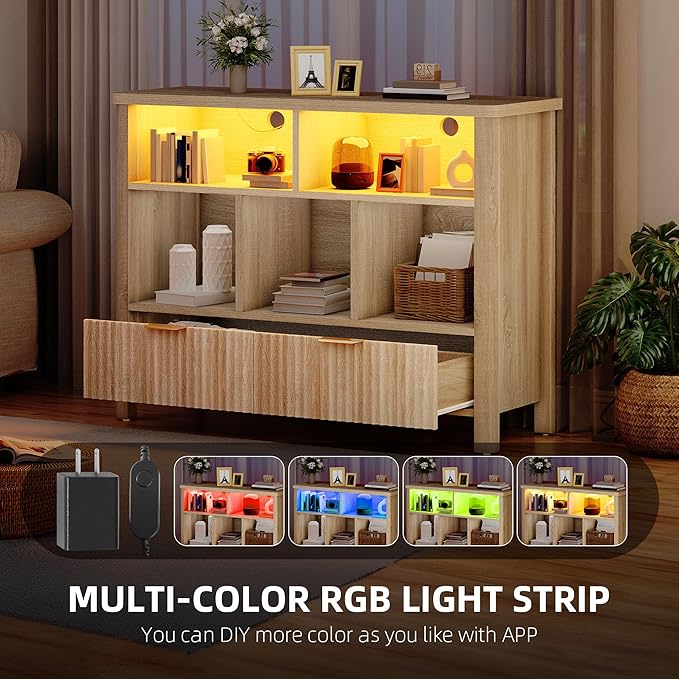 YITAHOME Bookcase with Drawers, Fluted Wood Cubby Storage Organizer Shelf Cube Bookshelf with Adjustable LED Lighting, Modern Horizontal Bookshelf for Living Room, Office, Entryway, Oak