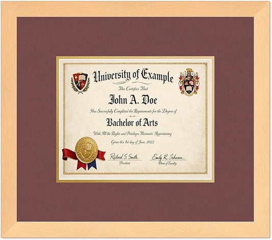 CountryArtHouse Diploma Frame Fits 10 x 8 Professional License - Keepsake Graduation Display Natural Wood Genuine Hardwood with Dark Red Over Metallic Gold Double mat