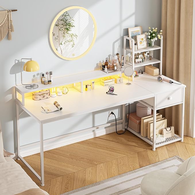 55 Inch White Computer Desk with Drawers and Hutch,Reversible Home Office Desk with Monitor Shelf,Gaming Desks with USB Power Outlets&Storage,Writing Study Table for Bedroom with LED Lights,White