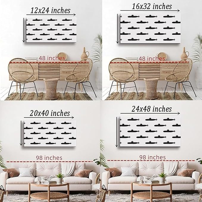 Retro Submarine Framed Canvas Wall Art for Office, Black White Vintage Wall Decor 58" L x 28" W