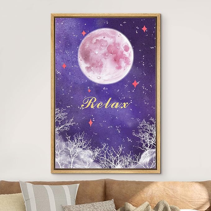 IDEA4WALL Framed Canvas Print Wall Art Tranquil Watercolor Galaxy with Pink Moon Astronomy & Space Sky Illustrations Modern Art Glam Colorful Ultra for Living Room, Bedroom, Office - 24"x36" NATURAL