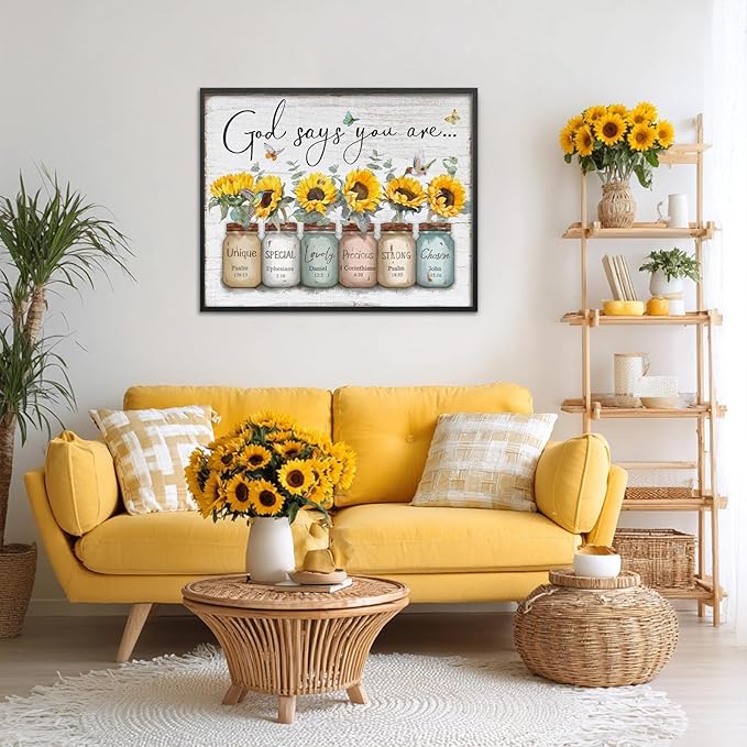 Inspirational Bible Verse Wall Art: God Says You Are Wall Sayings Sunflower in Mason Jar Picture Print Christian Gift Quotes Poster for Women Girl Bedroom Decor 24" x 30"