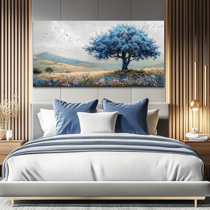 KELIYUAN Large Farmhouse Wall Art For Living Room Canvas Wall Decor For Office Bedroom Hotel room Field Scenery Wall Painting Blue Trees Picture Modern Home Decoration Artwork Ready To Hang 24x48In