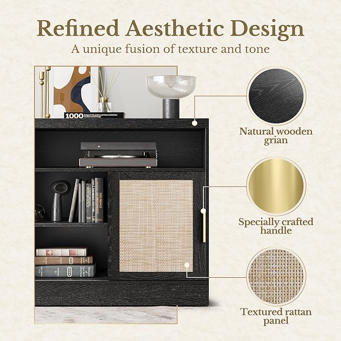 Rattan File Cabinet with Door, 32'' Lateral File Cabinet with Open Adjustable Shelves, Wood Filing Cabinet with Sliding Door for Home Office, Black