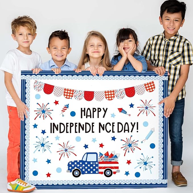 JarThenaAMCS 74Pcs Happy Independence Day Bulletin Board Kit Patriotic Red Blue Star Paper Cutouts with 100Pcs Glue Points 4th of July DIY Craft Art Decor for 250th Anniversary School Home Party