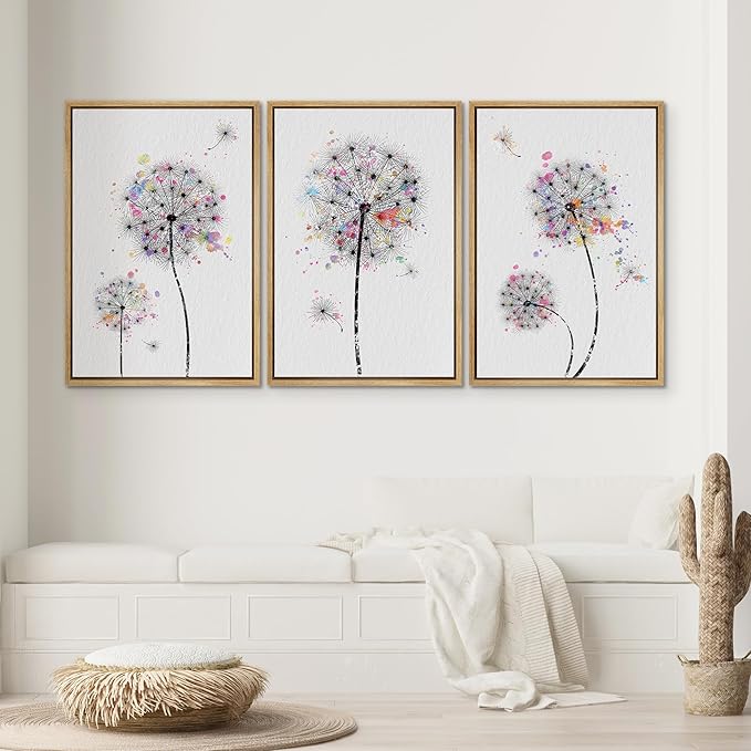 SIGNWIN Framed Canvas Print Wall Art Dandelions & Watercolor Dots Floral Wilderness Drawings Modern Art Rustic Multicolor Ultra for Living Room, Bedroom, Office - 24"x36"x3 Natural