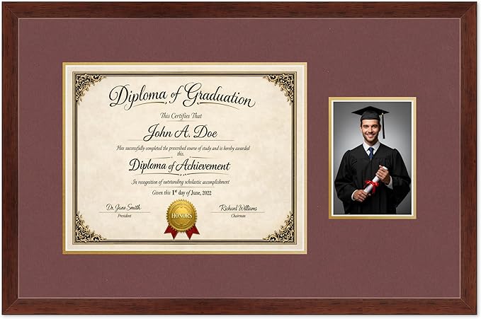 Diploma Frame With Photo Opening Rustic Walnut Dark Red Over Gold Mat - Fits 14 x 11 Degree and Picture Made in the USA