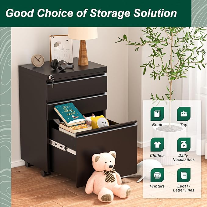 Superday File Cabinet 3 Drawer, Fully Assembled Metal Rolling Vertical Filing Cabinet with Wheels, Small Under Desk File Cabinets for Home Office (Black)