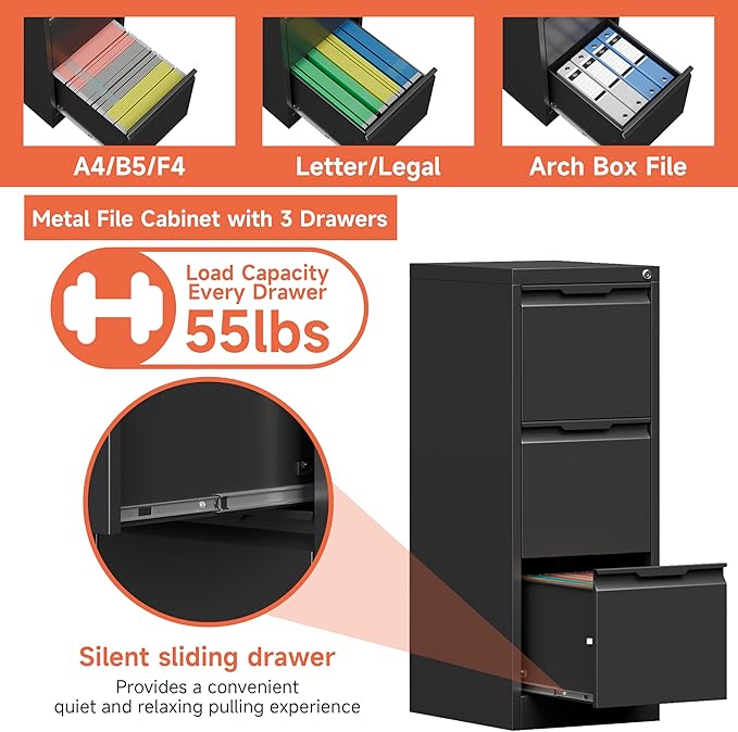 3 Drawer File Cabinet,Filing Cabinets for Home Office, Metal Vertical File Storage with Lock, Locking for A4 Legal/Letter, Assembly Required(Black)
