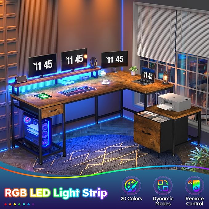 96.5''Office Desk with LED Lights, L Shaped Gaming Desks with Power Outlets, Two Person Computer Desk with Drawers & Monitor Shelf for Home Office, Study Room and Bedroom, Rustic Brown