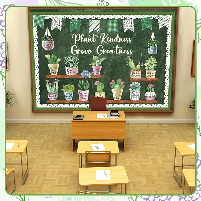 55 Pcs Plant Bulletin Board Decoration Plant Kindness Grow Greatness Bulletin Board Set Greenery Cutouts Positive Succulent Potted Kits for Back to School Classroom Elementary Teacher Decor