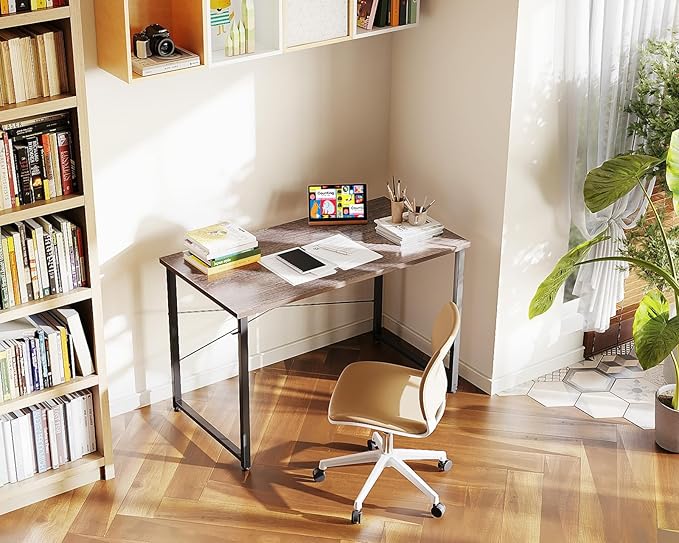 Casaottima 40 Inch Small Computer Desk for Home Office, Study Writing Table for Small Spaces, Simple Modern Desk with Headphone Hooks, Grey Oak