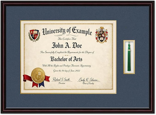 Diploma and Tassel Frame Fits 17 x 13 International Diploma with Tassel Executive Brown Genuine Hardwood Shadowbox with Navy Blue Over Metallic Gold Double mat