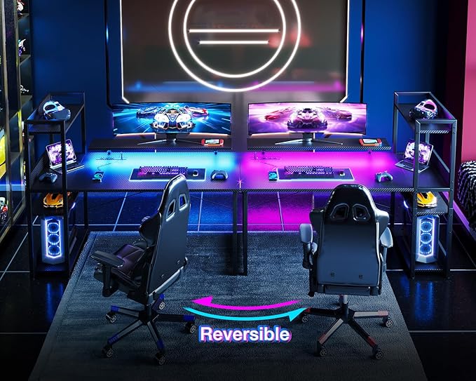 ODK Reversible Gaming Desk with Power Outlets and LED Lights, 48 Inch Computer Desk with Storage Shelves and Monitor Stand, Modern Writing Study Desk for Home Office, Carbon Fiber Black