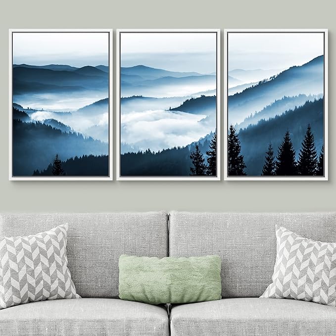 SIGNWIN Framed Canvas Print Wall Art Set Misty Blue Duotone Mountain Range Forest Nature Wilderness Photography Modern Decorative Colorful Rustic for Living Room, Bedroom, Office - 16"x24"x3 White