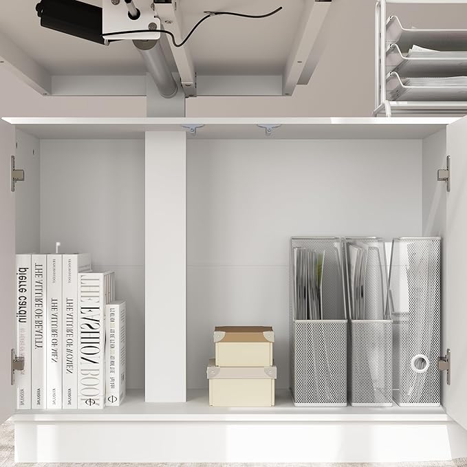 Homsee Electric Height Adjustable Standing Desk, L-Shaped Computer Desk with 2 Drawers & 2 Doors for Office, Workstation Table with Storage Cabinet for Writing Study Work Executive, White