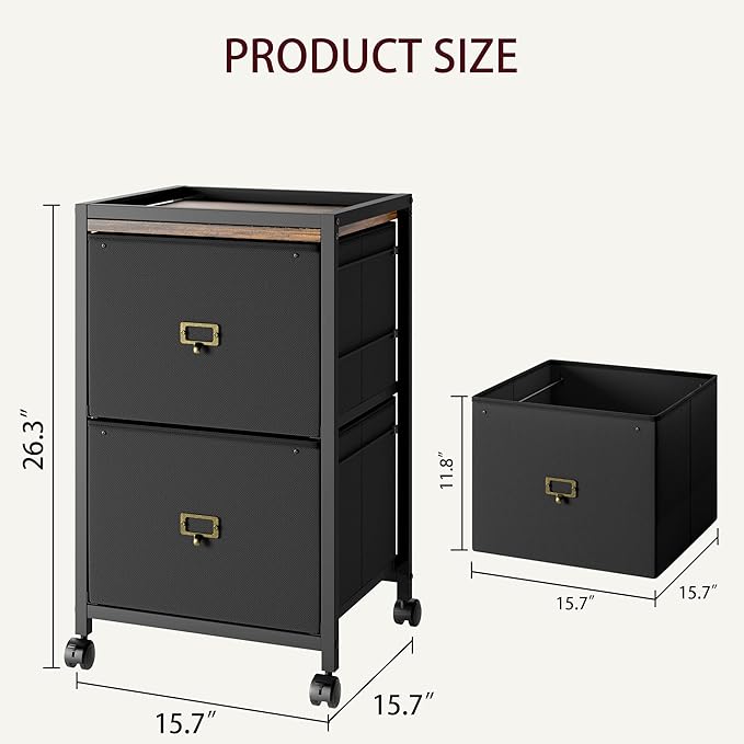 IDEALHOUSE 2 Drawer File Cabinet, Mobile Filing Cabinet for Home Office Fits A4 or Letter Size, Fabric Vertical File Cabinet with Wheels, Home Office Small Under Desk Storage Cabinet, Rustic Black