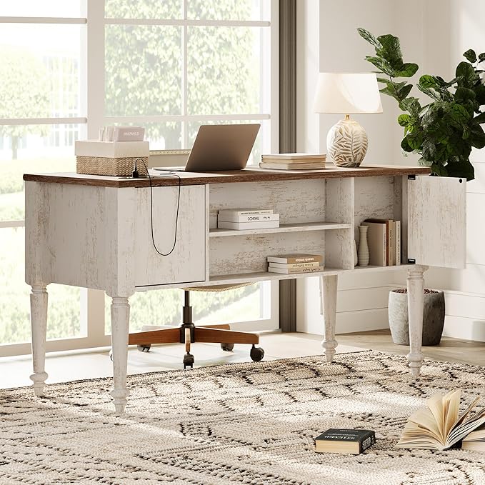 WAMAPT Farmhouse Executive Desk with 5 Drawers, Home Office Desk with Charging Station, Wood Computer Desk with File Cabinet Storage, Door, Open Shelf for Work and Study, Rustic White, 55 inch