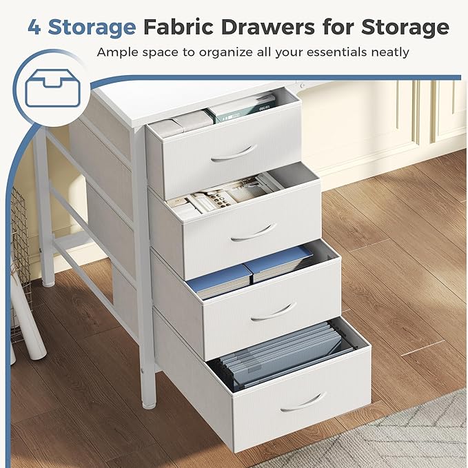 DUMOS Computer Desk with 4 Drawers,4 Drawer Gaming Desk with with Power Outlets and LED Lights,Office Desk for Small Spaces with Monitor Shelf,Writing Desk for Home Office, Bedroom,Study 45 Inch White