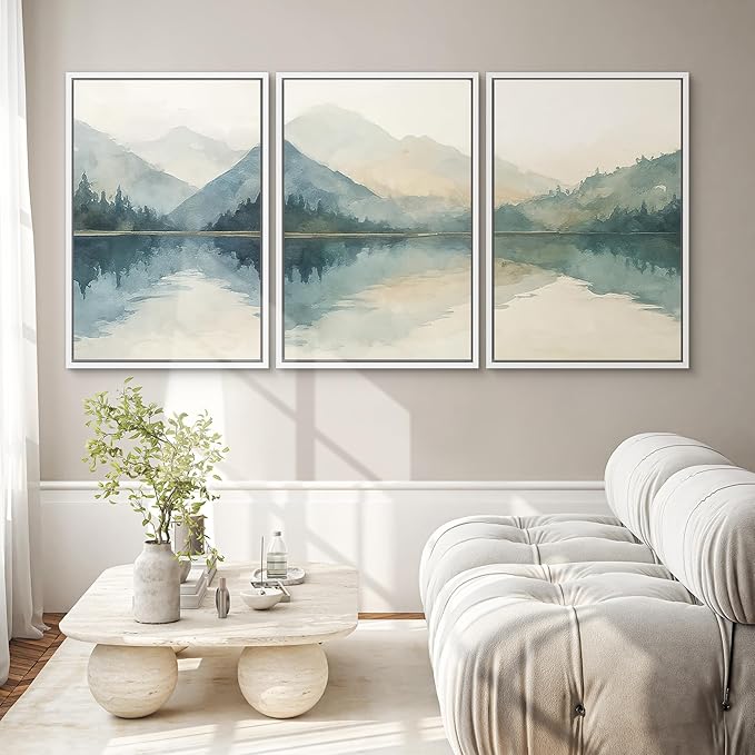 SIGNWIN Framed Canvas Print Wall Art Set Calm Lake Reflection Watercolor Mountain and Water Illustrations Modern Art Decorative Abstract for Living Room, Bedroom, Office - 16"x24"x3 White