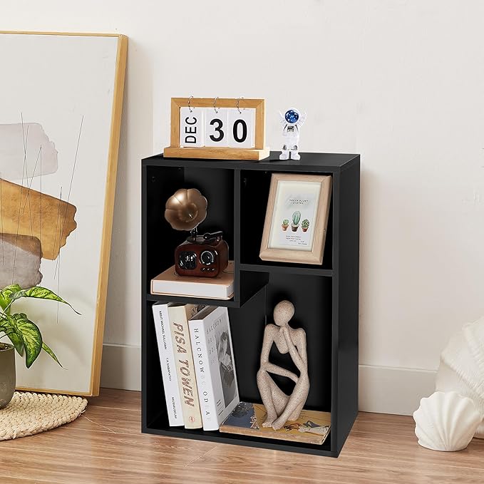 VECELO 3-Cube Small Bookshelf, Modern Bookcases with Shelves Height Up to 12.8 Inches, Suit for Common Size Textbook, Vertical or Horizontal, Cubby Storage Organizer,Vintage Black