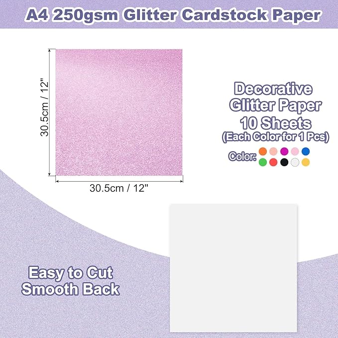 PATIKIL 10Sheets Colorful Glitter Cardstock, 12x12In Glitter Paper Card Stock Shiny Scrapbook 250gsm Sparkly Paper Large Shimmer for Crafts Scrapbook DIY Art Wedding Party