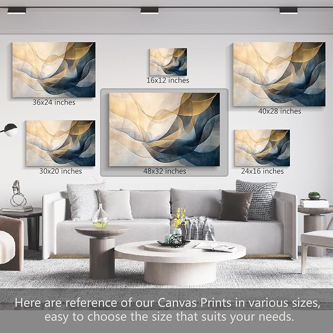 gaosoul Blue Gold Abstract Canvas Wall Art Original Oil Painting Giclee Print of Dynamic Curves Light Blue Champagne Tones with Textured Brushstrokes for Home Office Decor Framed 48x32in