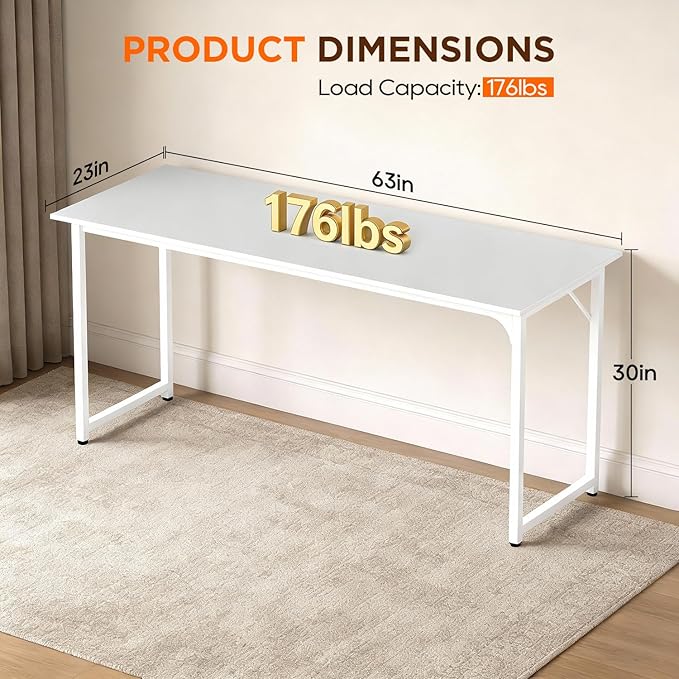 PayLessHere | 63 Inch Computer Desk | White | Office Desk with Metal Frame, Adjustable Feet | Water-Resistant, Scratchproof Surface | Sturdy Writing Table for Home Office or Study | Pack of 1