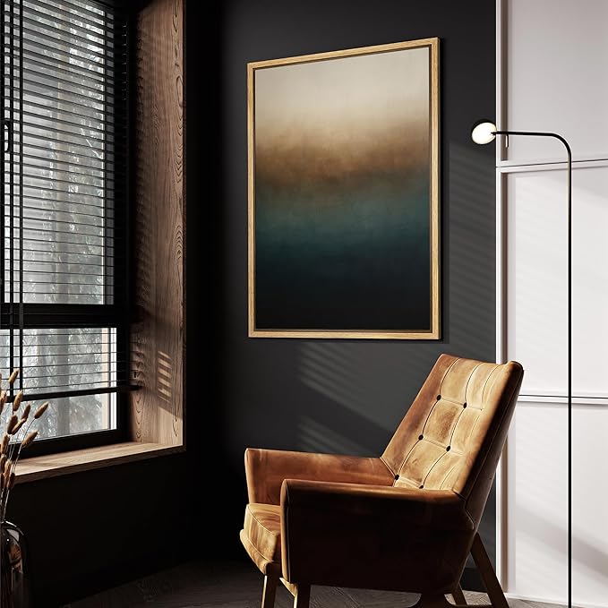 SIGNFORD Framed Canvas Print Wall Art Vertical Ombre Gradient in Beige Brown Teal and Black Illustrations Modern Art Decorative Relax/Zen Nordic for Living Room, Bedroom, Office - 16"x24" Natural