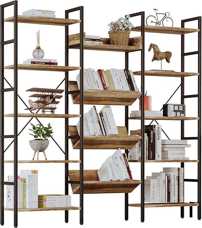IRONCK Bookshelf, Bookshelves and Bookcases, Triple Wide 5 Tiers Book Shelf with Baffles, Industrial Bookshelf with Metal Frame for Living Room, Home Office