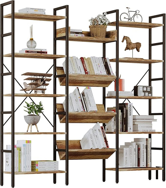 IRONCK Bookshelf, Bookshelves and Bookcases, Triple Wide 5 Tiers Book Shelf with Baffles, Industrial Bookshelf with Metal Frame for Living Room, Home Office