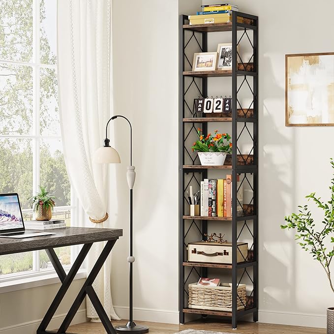 Tribesigns 78.7 Inch Extra Tall Narrow Bookshelf Set of 2, 7 Tier Skinny Bookcase for Small Spaces, Freestanding Display Shelves, Multifunctional Corner Storage Organizer for Home Office, Rustic Brown