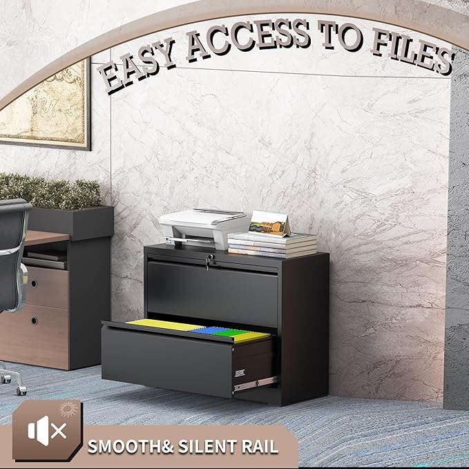 2 Drawer File Cabinet, Lateral File Cabinet with Lock, Metal Lateral Filing Cabinets for Home Office, File Storage Cabinet for Legal/Letter/A4 Documents, Assembly Required (Black, 35'W)