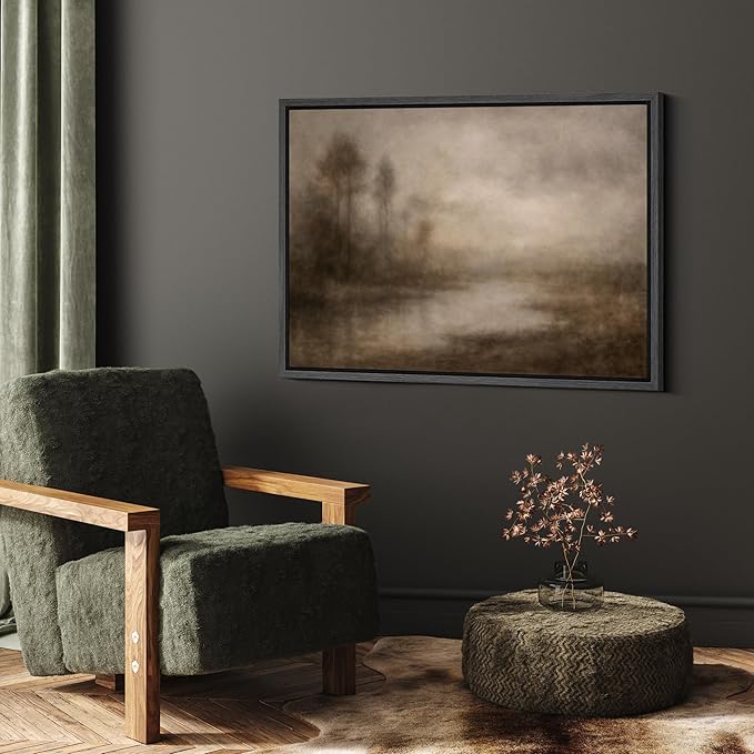 SIGNFORD Framed Canvas Print Wall Art Moody Misty Landscape with Trees and Water Abstract Illustrations Digital Art Modern Art Decorative Multicolor Rustic Minimal for Bedroom - 24"x36" BLACK