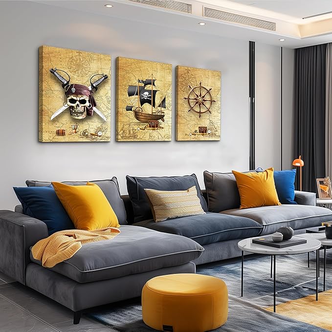 Pirate ship and rudders Canvas Wall Art for Living Room Bedroom Decoration wall painting,Bathroom Wall Decor Home Decoration kitchen posters artwork，Adventure map decoration 16x12 inch/ 3 piece set