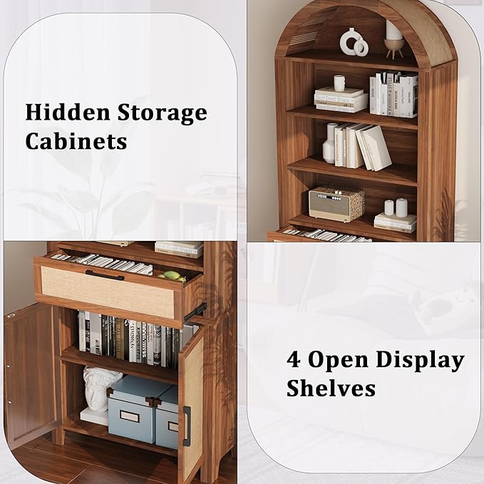79" Tall Arched Bookcase with Storage, Mid Century Modern 6-Tier Cabinet with Door and Drawer, Arched Bookshelf with Open Display Shelf for Office Living Room(Walnut, 79inch-Doors)